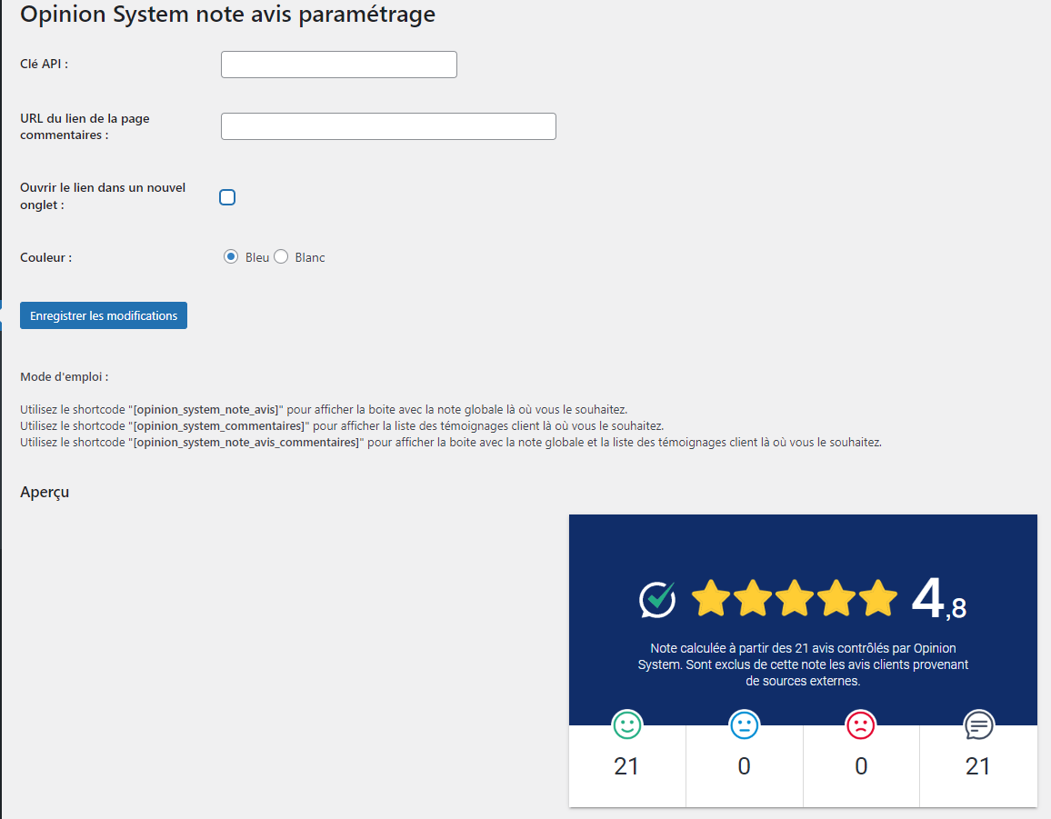 opinion system paramétrage WordPress